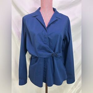 New York & Co Navy Asymmetrical Buckle Wrap Blouse - Button up, Cotton, Size 12